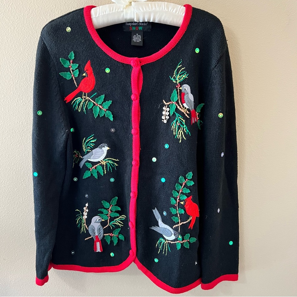 Vintage Ugly Christmas Sweater Womens Medium Hampshire Studio Black Cardigan